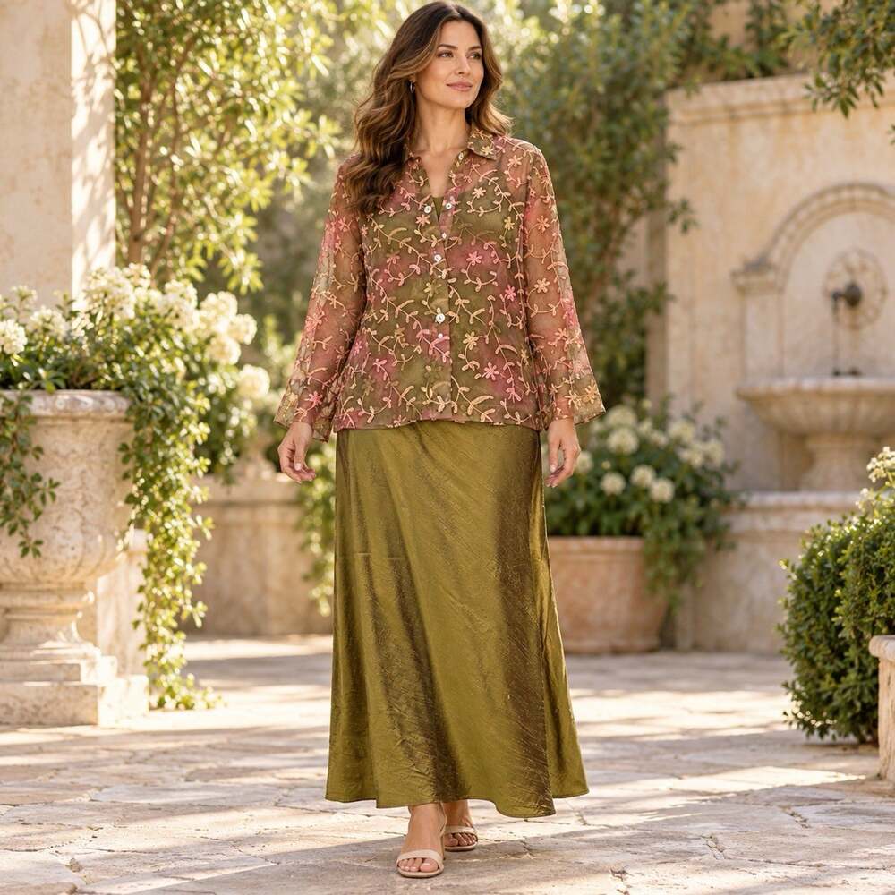 Lisbeth Oslo 100% Silk 2 Piece Skirt Set Large Sheer Top Maxi Elastic Waist Big